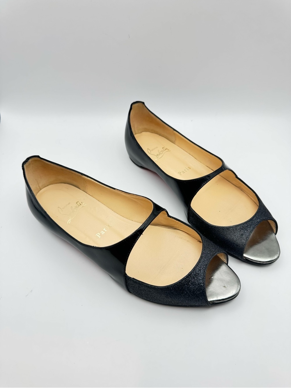 Christian Louboutin Gamine Flat Glitter Pumps Black Silver Toe EU 38 US 8